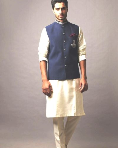 Blended Silk Kurta with Royal Blue Jacket Set