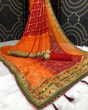 BHANDHANI SAREE  WITH HEAVY GOTA PATI  BORDER