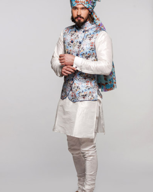 Kurta & Pajama with Jacket Satin Print Men Banarasi And Dupion Silk Fabric