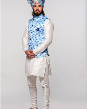 Kurta & Churidar Pajama with Jacket Satin Print Men Banarasi And Dupion Silk Fabric