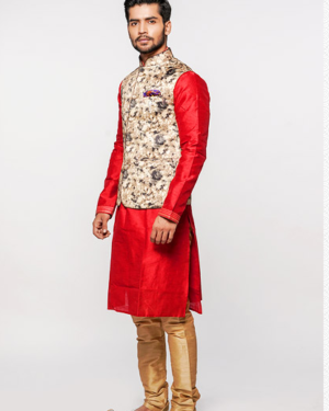 Kurta & Pajama with Jacket Men Banarasi And Dupion Silk Fabric