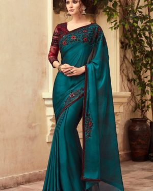 Teal Blue Embroidered Art Silk Saree
