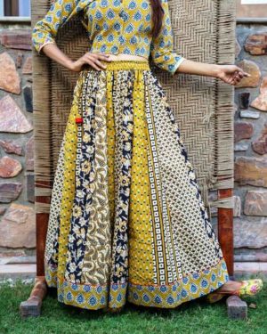 Designer Print Crop-Top & Skirt With Mulmul Duptta