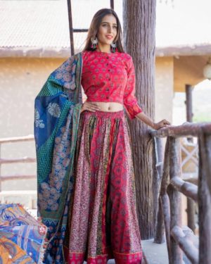 Bagru Crop-Top & Skirt With Mulmul Duptta