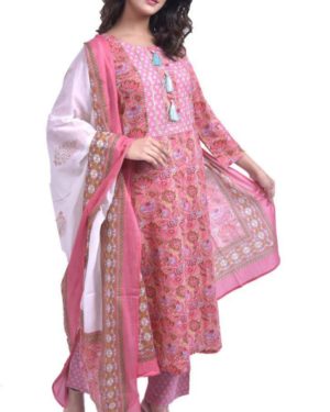 Beautiful cotton Fabric kurti with Pant and cotton mulmul duppatta