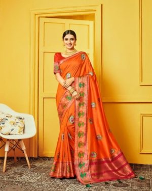 Orange Silk Jaquard Saree