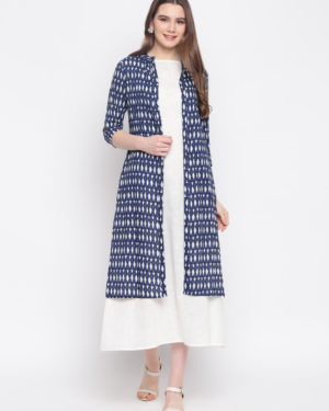 Printed Cotton Kurta with Jacket (Blue,White)