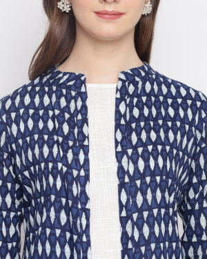 Printed Cotton Kurta with Jacket (Blue,White)