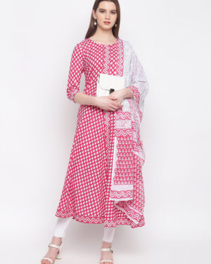 Printed Cotton A-Line Kurta Dupatta Set (Pink)