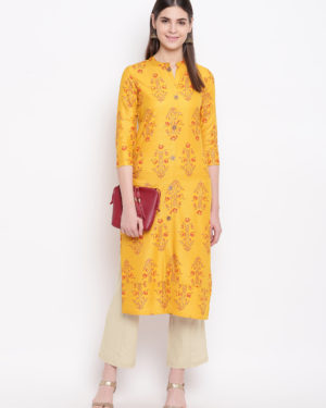 Floral Print Cotton Straight Kurta (Mustard)