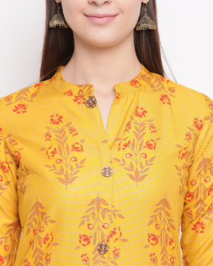 Floral Print Cotton Straight Kurta (Mustard)