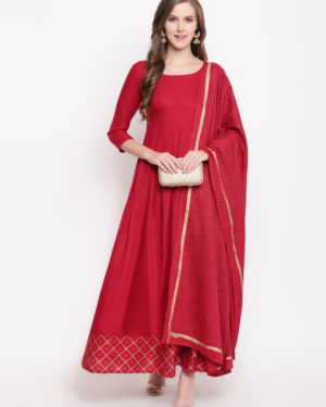 Gold Print Rayon Flared Kurta Dupatta Set (Maroon)