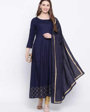 Gold Print Rayon Flared Kurta Dupatta Set