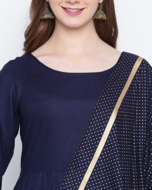 Gold Print Rayon Flared Kurta Dupatta Set