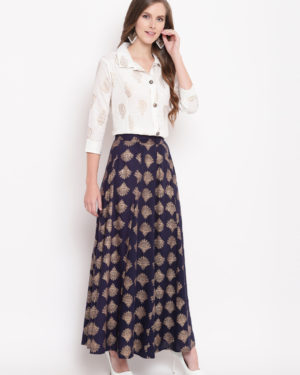 Gold Printed Rayon Shirt & Skirt Set (Off White,Blue)