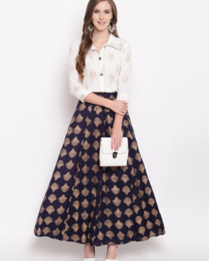 Gold Printed Rayon Shirt & Skirt Set (Off White,Blue)