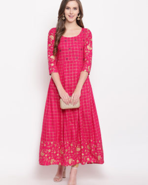 Checkered Rayon Flared Kurta (Pink)