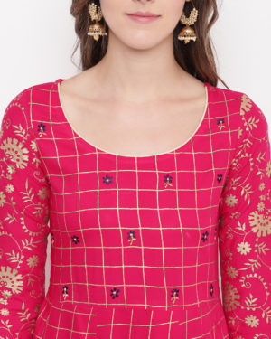 Checkered Rayon Flared Kurta (Pink)