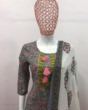 Beautiful cotton Fabric kurti with Plazo and cotton mulmul duppatta.