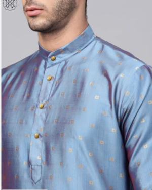 Silk Blend Blue Kurta & Gold Churidar Pyjama Set