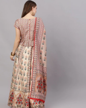 Cream & Red Floral Digital Print Lehenga Choli With Dupatta