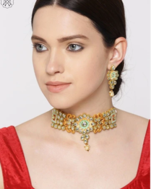 Priyaasi Mint Green & Peach-Coloured Gold-Plated Kundan Stone-Studded Jewellery Set.