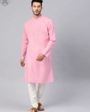 Cotton Linen Pink Kurta And Off White Churidar Pyjama Set