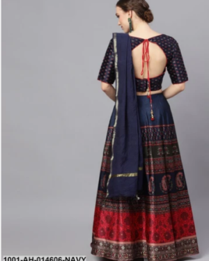 Navy Blue & Red Digital Print Lehenga Choli With Solid Dupatta