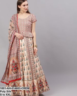 Cream & Red Floral Digital Print Lehenga Choli With Dupatta