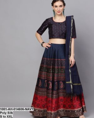 Navy Blue & Red Digital Print Lehenga Choli With Solid Dupatta