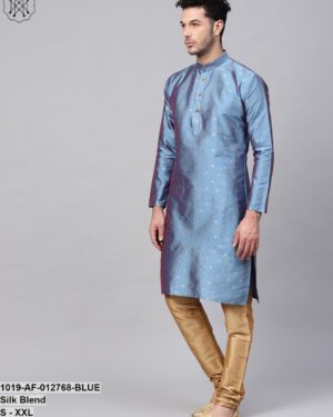Silk Blend Blue Kurta & Gold Churidar Pyjama Set