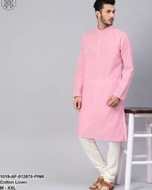 Cotton Linen Pink Kurta And Off White Churidar Pyjama Set