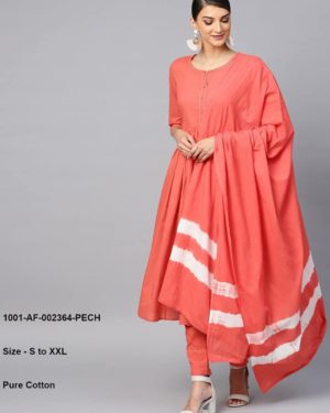 Peach Solid Pleated Kurta & Pant With Tie & Dye Dupatta Set