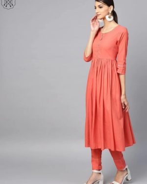 Peach Solid Pleated Kurta & Pant With Tie & Dye Dupatta Set