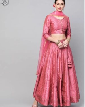 Pink Self Designed Kali Lehenga With Choli And Dupatta