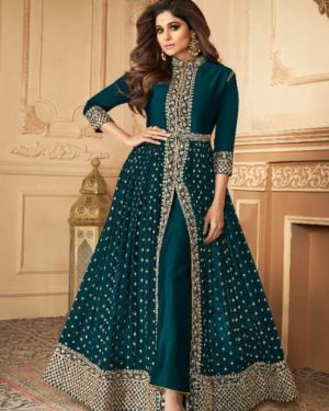 Teal Blue Anarkali Suit With Narzling Duptta