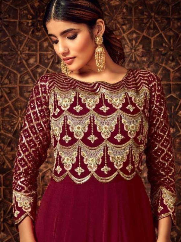 Elegant Maroon Color Velvet Base Anarkali Suit With Net Dupatta