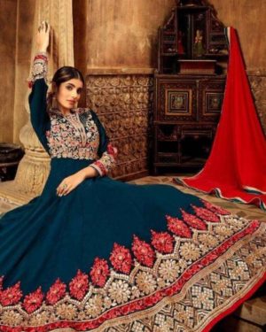 Teal Blue Embroidered Georgette Anarkali Suit