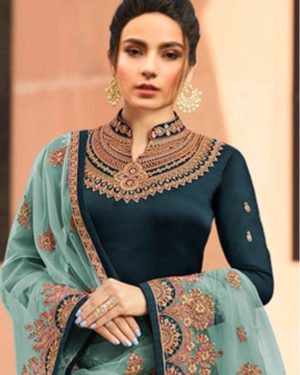 Teal Blue Embroidered Georgette Party Wear Suit