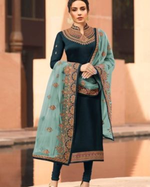 Teal Blue Embroidered Georgette Party Wear Suit