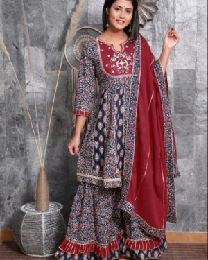 HEAVY TAJ COTTON EMBROIDERY KURTI WITH BEAUTIFULL PEPLUM(SHARARA) WITH DUPATTA