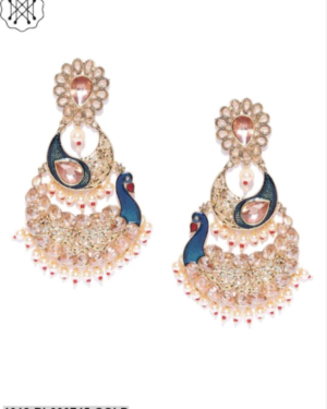 Priyaasi Blue Gold-Plated Kundan Studded Meenakari Peacock Shaped Chandbalis