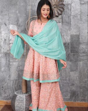 HEAVY TAJ COTTON KURTI WITH BEAUTIFULL PEPLUM(SHARARA) WITH DUPATTA