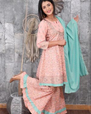 HEAVY TAJ COTTON KURTI WITH BEAUTIFULL PEPLUM(SHARARA) WITH DUPATTA