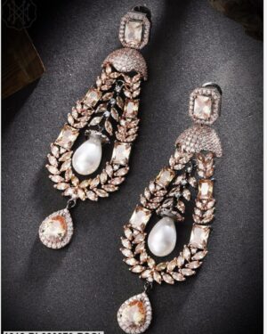 Priyaasi Peach-Coloured Rhodium-Plated Eardrop Shaped Drop Earrings.