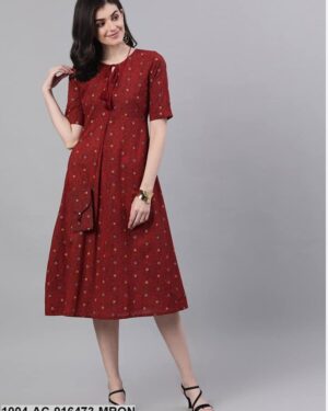 Maroon Polka Dots Printed Tie-Up Neck Polyester A-Line Dress